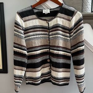 Reba Rose Neutral Stripe Heavy Knit Cardigan Sweater sz S EUC